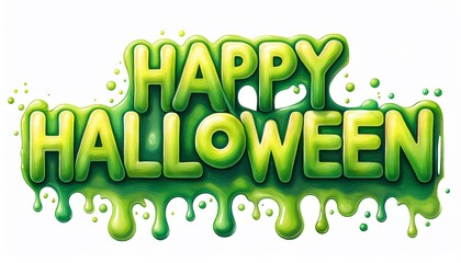 Vibrant watercolor painting of Happy halloween text logo with liquid green slime
