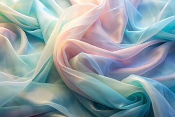 Obraz premium Delicate organza fabric undulates gently in soft, pastel-colored light, its translucent folds illuminated from behind, evoking a dreamy, weightless feeling in a serene, natural environment.