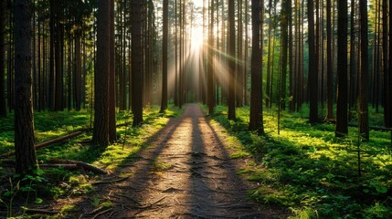 Obraz premium Sunlit Forest Path, a serene trail enveloped by towering trees, golden rays dance through leaves, beckoning wanderers to embrace the tranquility and adventure of nature.