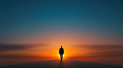 Silhouette of Person Walking Towards Sunset Horizon