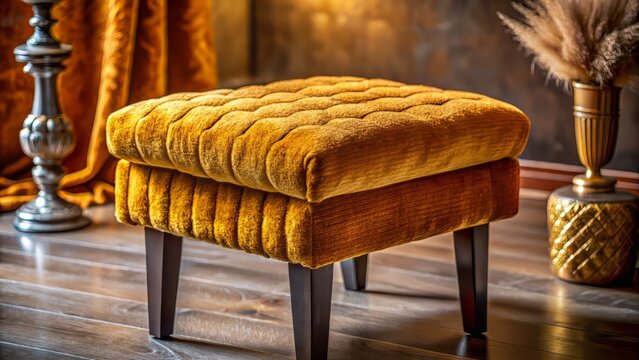 Richly colored plush fabric with subtle chenille texture lies elegantly folded on a velvet-covered stool amidst soft candlelight.