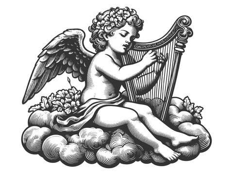 recommend clip art: cherub angel with wings playing a harp while sitting on a cloud, styled in a vintage design sketch engraving generative ai raster illustration. Scratch board imitation. Black and white image.