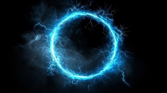 Blue thunder bolt light and electric energy discharge in form of circle on black background. Realistic 3d vector illustration round frame from storm lightning power effect. Thunderbolt strike border.