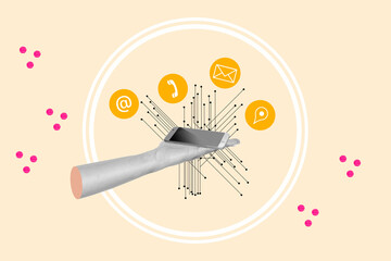 Collage of woman hand holding a smartphone with communication icons on a pastel colored background