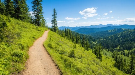Obraz premium Scenic hiking trail through lush greenery, inviting exploration and adventure, surrounded by towering trees and vibrant flora, perfect for outdoor enthusiasts