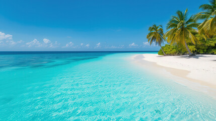 Fototapeta premium Tropical Island Paradise, a tranquil beach scene with soft sands and gentle waves, ideal for showcasing personal messages in a postcard format, inviting and idyllic atmosphere