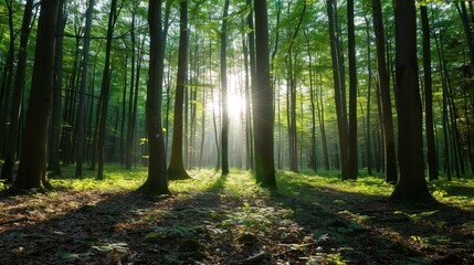 Obraz premium Sunlit Forest Serenity, a tranquil scene where golden rays filter through lush green leaves, creating a peaceful ambiance in nature's quiet embrace.