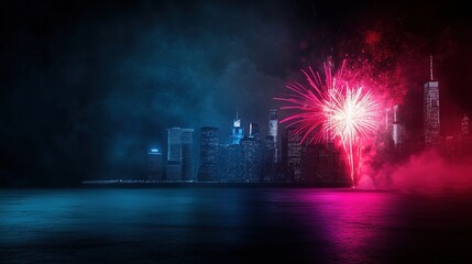 Naklejka premium Vibrant Fireworks Over Urban Skyline at Night