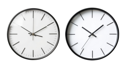 PNG Two modern wall clocks on a white isolated background.