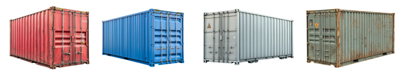 four shipping containers in different colors various conditions transparent background