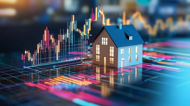 Model house on digital graph, representing real estate market analysis.