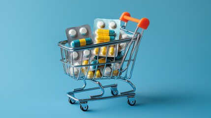 Shopping Cart with Medicine Bottles and Pills for Healthcare Pharmacy and Medical Treatment