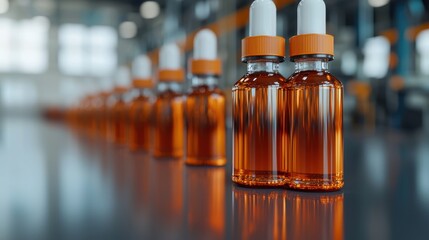 Glass Bottles with Orange Liquid in Industrial Setting