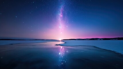 Serene Night Sky Over Frozen Lake Reflection