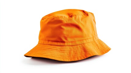 Fototapeta premium A vibrant orange bucket hat set against a white background, ideal for bold logo designs or promotional branding.