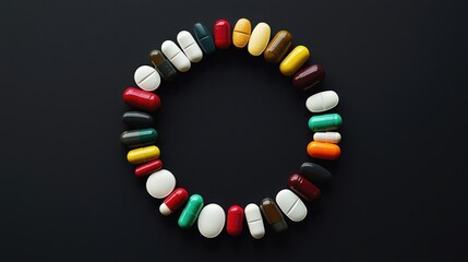 Obraz premium Colorful Assortment of Medication Capsules and Tablets on Dark Background