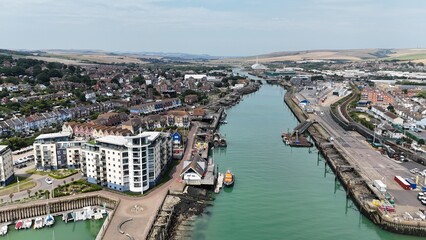 Obraz premium New build apartments Harbour Newhaven East Sussex UK drone,aerial ..