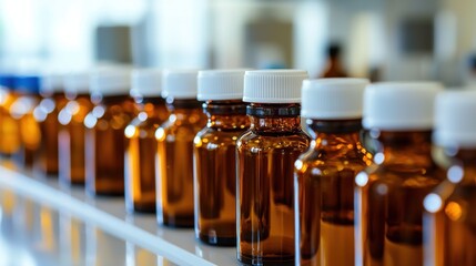Rows of amber glass bottles in a scientific laboratory setting