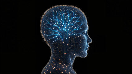 Digital Brain Hologram Hud. Artificial intelligence AI machine deep learning. Business Technology Internet Network Concept. 3D Illustration