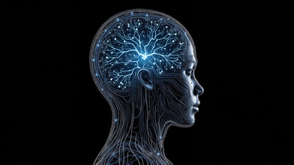 Digital Brain Hologram Hud. Artificial intelligence AI machine deep learning. Business Technology Internet Network Concept. 3D Illustration