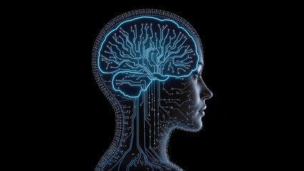 Digital Brain Hologram Hud. Artificial intelligence AI machine deep learning. Business Technology Internet Network Concept. 3D Illustration