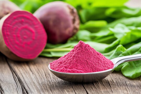 Vibrant pink beetroot powder on a spoon, surrounded by fresh beets and greens, highlighting healthy and natural ingredients.