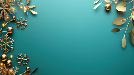 Obraz premium Elegant gold Christmas decorations with snowflakes and leaves on a turquoise background, perfect for festive designs and holiday themes