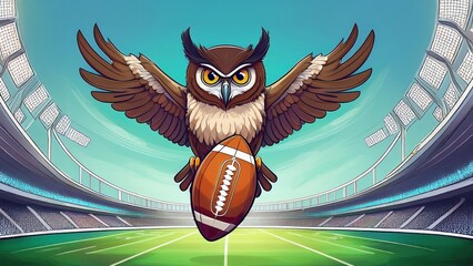 Owl flying and catching a rugby ball in a stadium. Concept of animals doing sports.