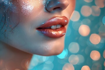 Fototapeta premium Closeup of woman's lips with shimmering gloss and blue background.