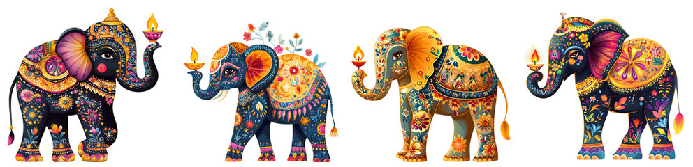 Fototapeta premium Colorful decorative elephants celebrating festival themes transparent background