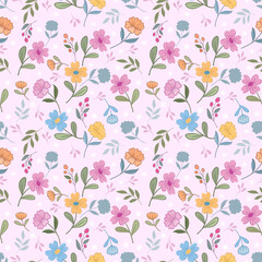 Cute small flowers on pastel color background seamless pattern.