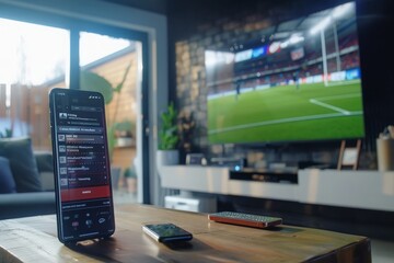 Sports betting. Mobile phone screen on living room table against background of football match on television. Display of bets, winnings, losses on screen. Bookmakers, betting, prediction, luck.