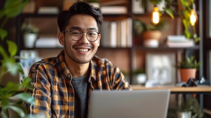 Obraz premium Detailed image of a digital nomad using a laptop at a minimalist home office ultra-clear image