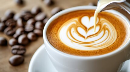 Barista pouring milk for perfect latte art in white cup