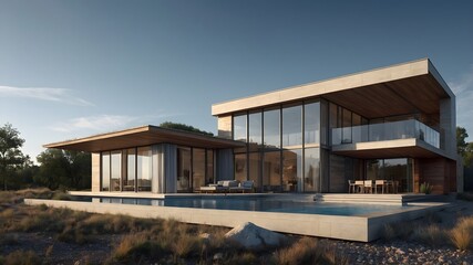 Fototapeta premium AI-Generated Image of modern house in the evening