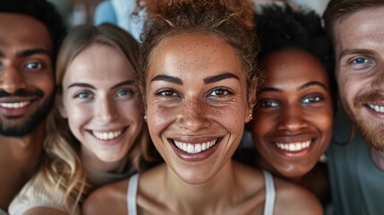 Fototapeta premium Diverse group of friends smiling and looking at the camera for a selfie.