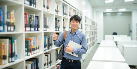 Fototapeta premium Happy Male Asian University Student Showing Thumbs Up While Carrying Laptop in Library