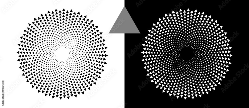 Fototapete Modern abstract background with halftone triangles in circle form. Round logo. Black shape on a white background and the same white shape on the black side.