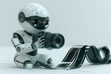 Mini or kid robot holding a camera with rolls of filmstrip, learning to take a good photo, AI photo development, photography and transition of generation