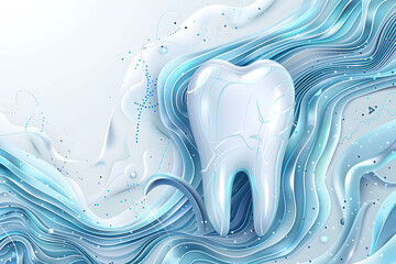 Modern healthcare card celebrating AI in dental care featuring a clean design with an expansive blank space on the lower center surrounded by abstract dental patterns and AI algorithms