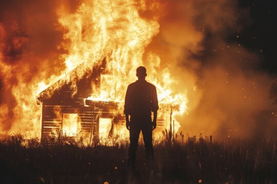 Burning house bonfire architecture destruction.