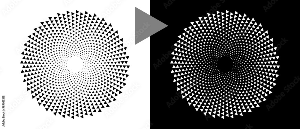 Poster Modern abstract background with halftone triangles in circle form. Round logo. Black shape on a white background and the same white shape on the black side.