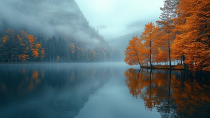 Naklejka premium Misty Autumn Morning at Tranquil Lake
