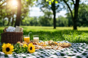 Picnic spread in a sunlit park setting.