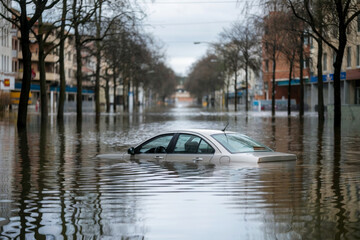 flooded city street with partially submerged buidlings and floating car