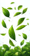 Fresh Green Tea Leaves Floating in Air with White Background