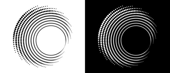 Modern abstract background. Halftone dots in circle form. Round logo. Vector dotted frame. Design element or icon. Black shape on a white background and the same white shape on the black side.