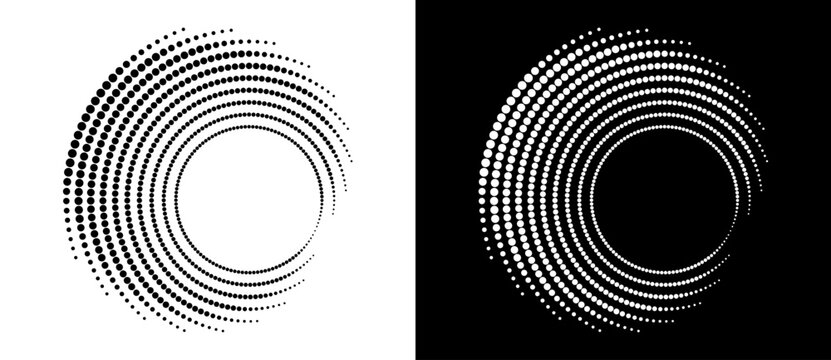 Modern abstract background. Halftone dots in circle form. Round logo. Vector dotted frame. Design element or icon. Black shape on a white background and the same white shape on the black side.