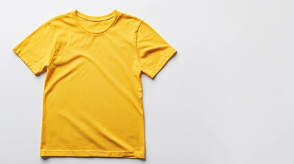 A yellow t-shirt spread out on a white background, showcasing a blank surface for print designs or advertising.