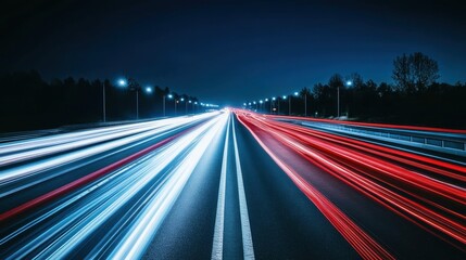 Nighttime traffic on busy highway with light trails